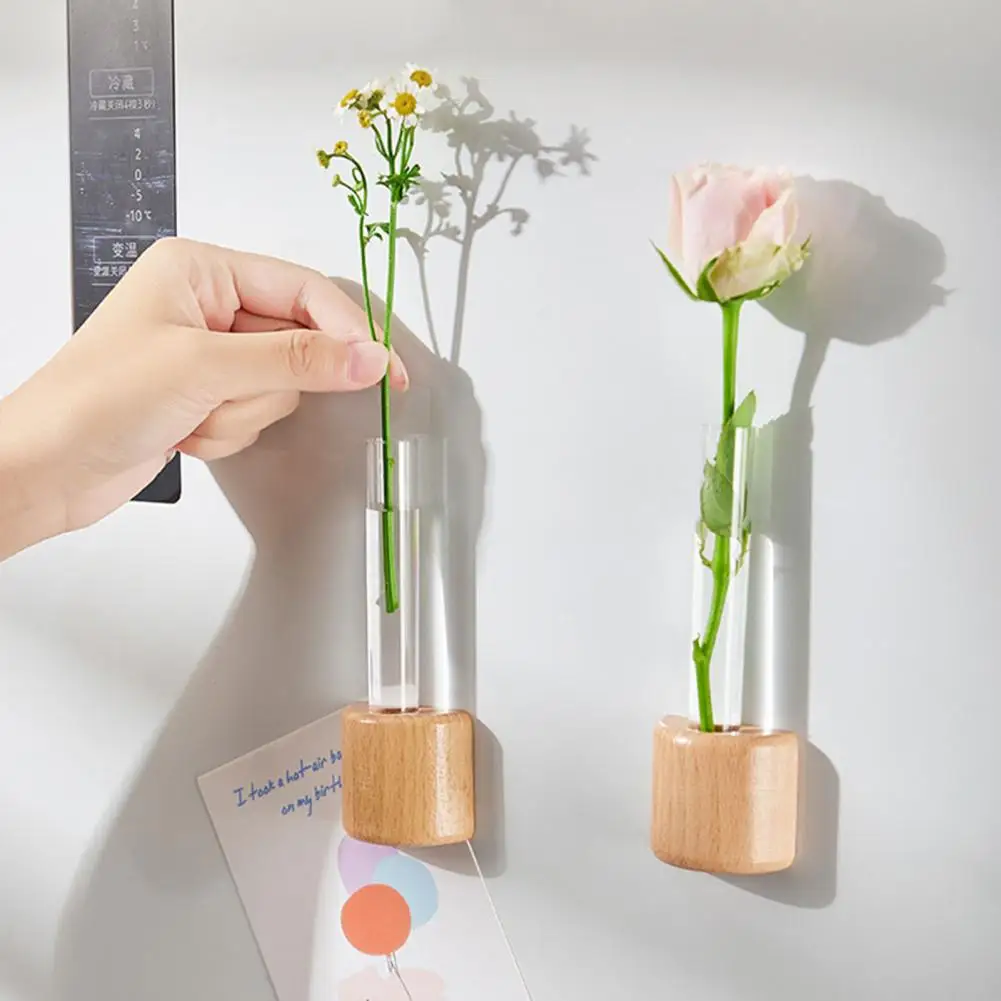 Refrigerator Magnet Hydroponic Plants Test Tube Vase Window Wooden Vase Planter Home Office Magnet Fridge Decoration
