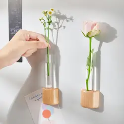 Refrigerator Magnet Hydroponic Plants Test Tube Vase Window Wooden Vase Planter Home Office Magnet Fridge Decoration