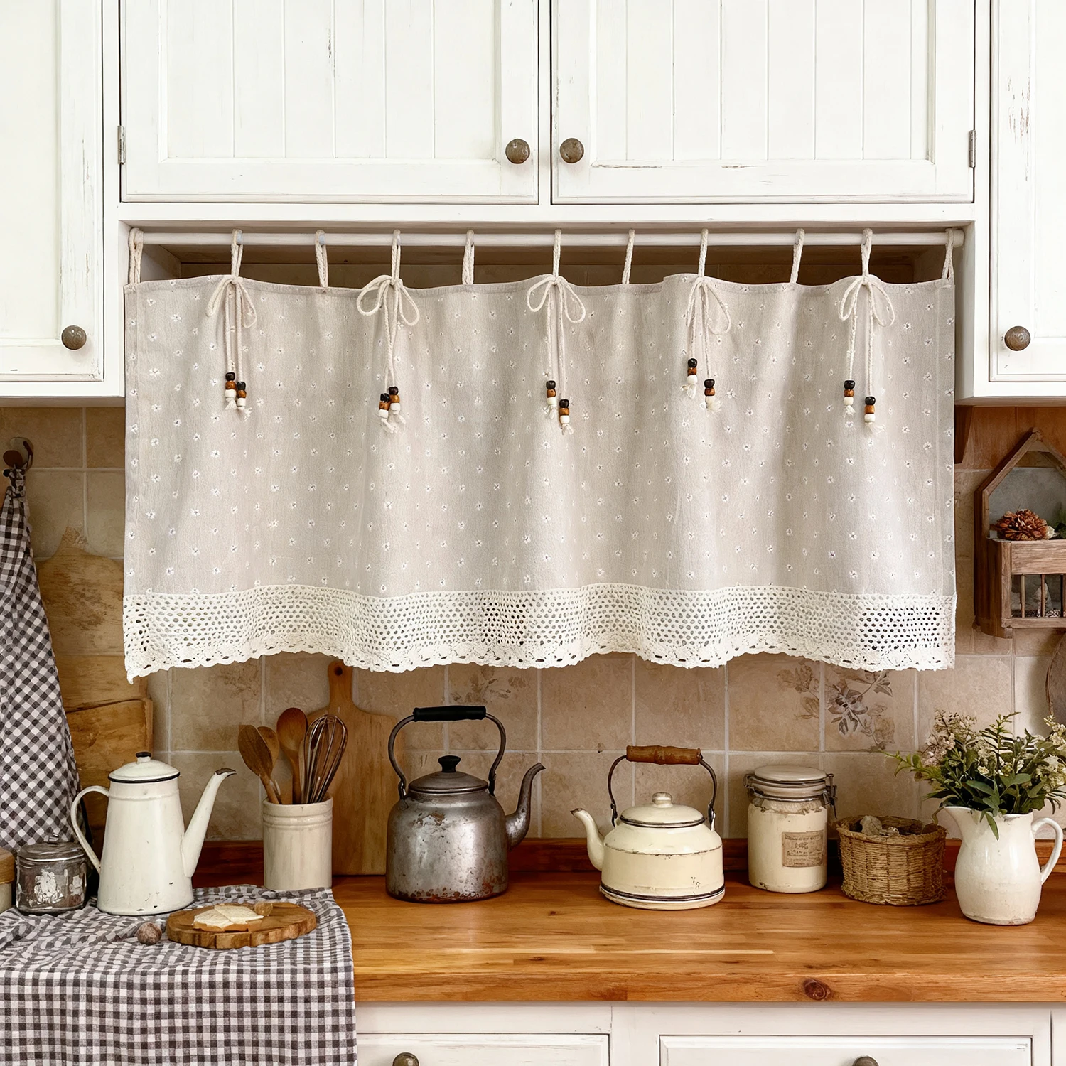 

1PC Rustic Printed Daisy FLoral Short Curtain for Kitchen Small Window Linen Drape With Lace Cafe Home Decoration Blinds