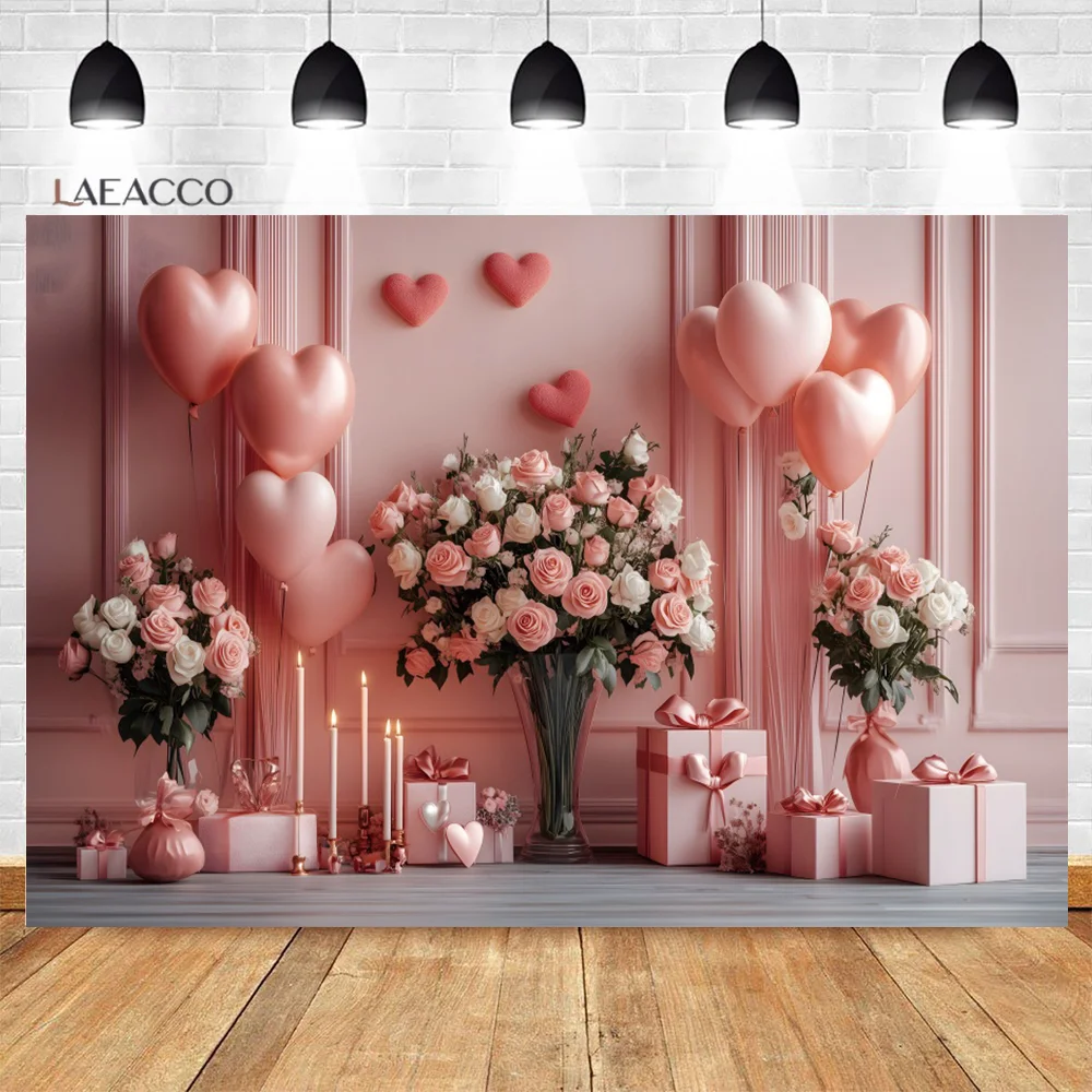 Laeacco Romantic Valentine's Day Candlelight Dinner Photo Backdrop Balloons Roses Exquisite Gift Candles Proposal Background