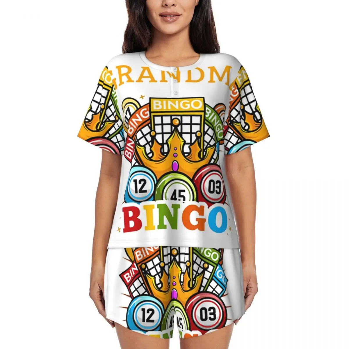 Custom Print Womens Bingo Paper Game Pajamas Set Short Sleeve Sleepwear Loungewear Pjs 2 Piece Sets