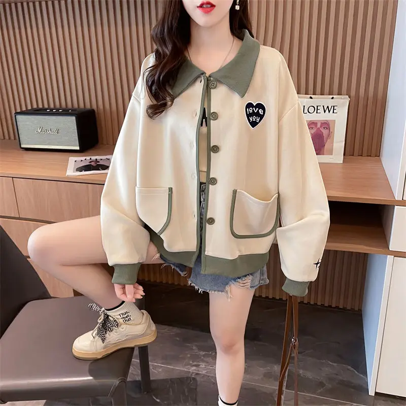 2023 Spring and Autumn Korean Edition Reduced Age Ins Trendy Popular Polo Collar Color Block Letter Printing Loose Casual Coat