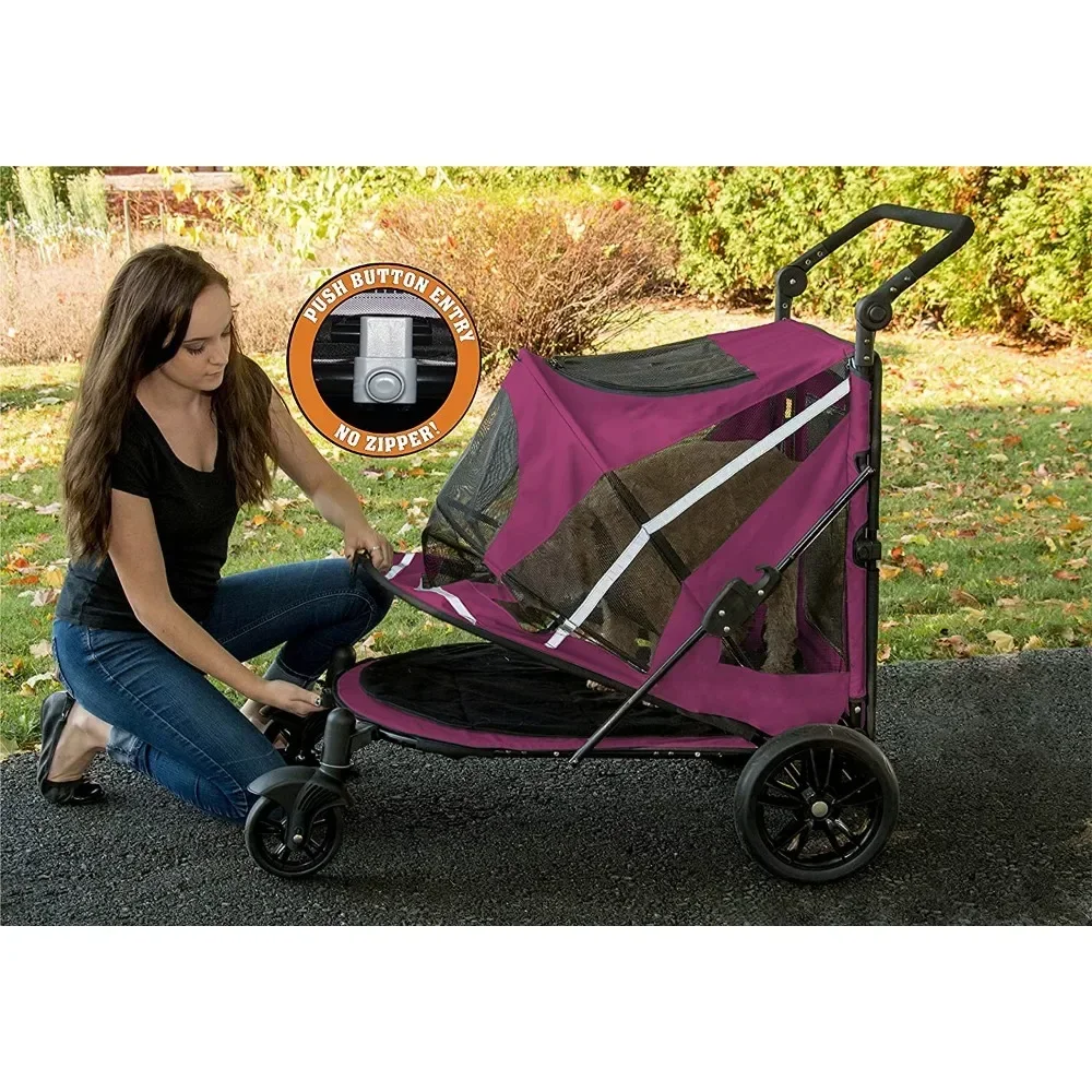 NO-Zip Pet Stroller with Dual Entry, Push Button Zipperless Entry for Single or Multiple Dogs/Cats, Pet Can Easily Walk in/Out