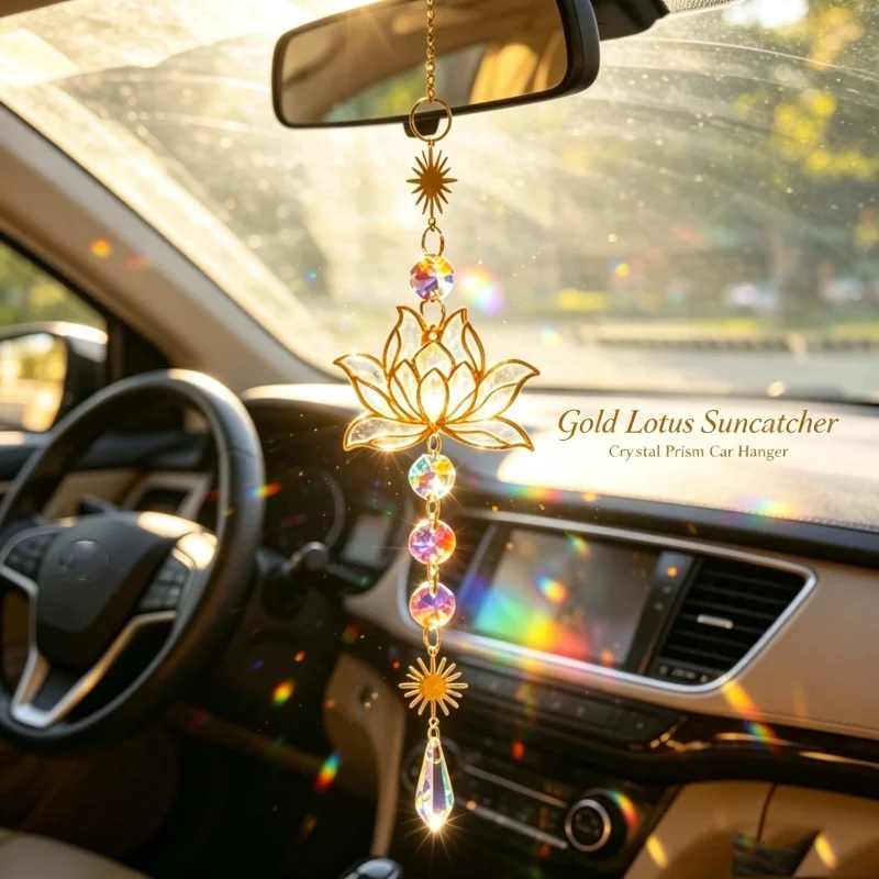 1PC Hanging Crystal Suncatcher, Golden Lotus Water Drop Pendant,Color Prism Ornament for Car Home Garden, Decorative Sun Catcher