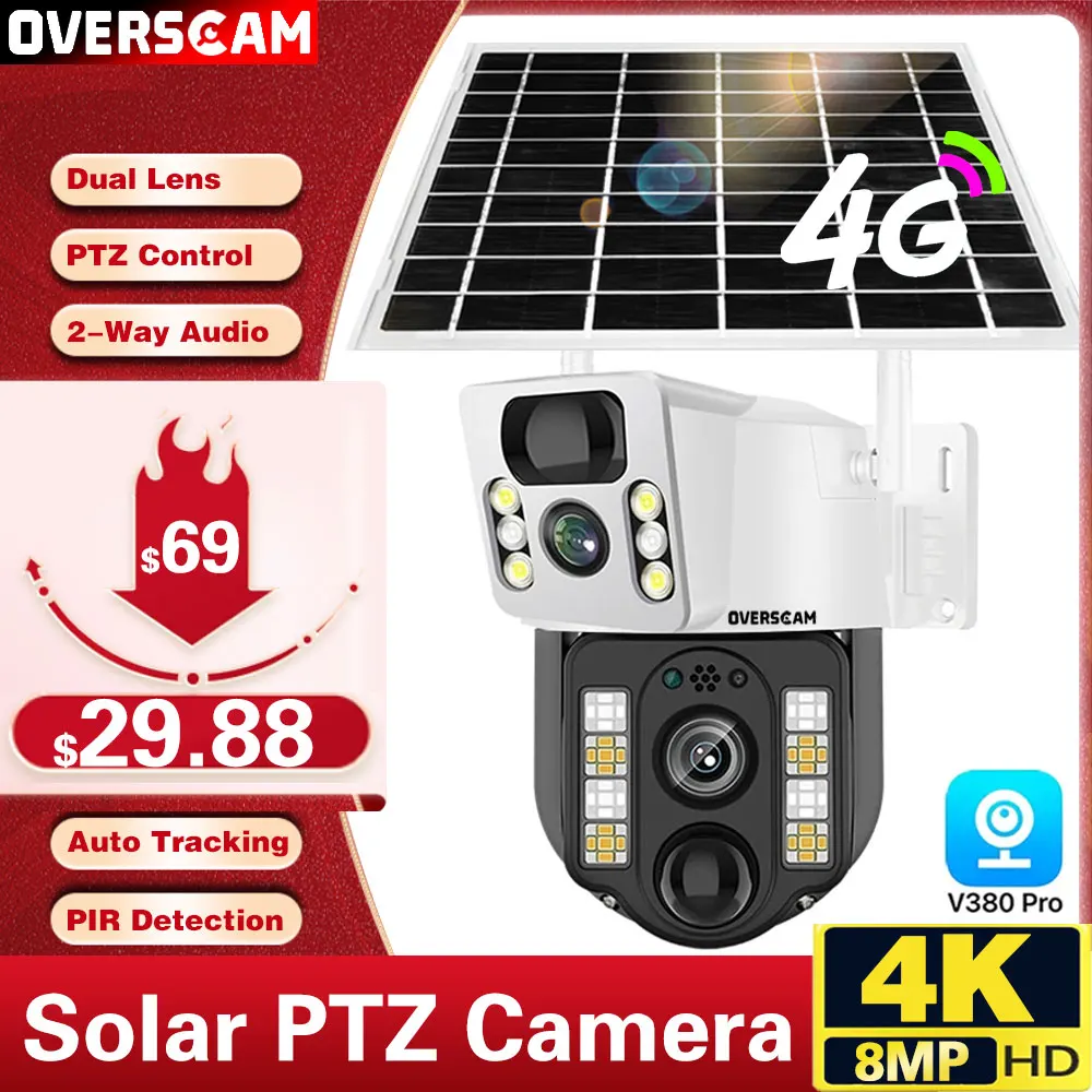 

4K 8MP 4G SIM Card Dual Lens Solar Panel PTZ Camera Dual Screen Auto Tracking WIFI Security CCTV Surveillance IP Camera V380 PRO