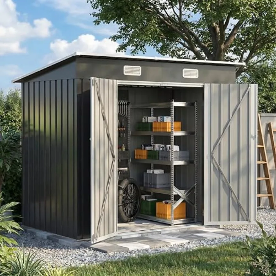 ShedsOutdoor Storage: 8X4 FT Galvanized Steel Shed, Gray, Rust-Resistant with Sloping Roof Lockable Door