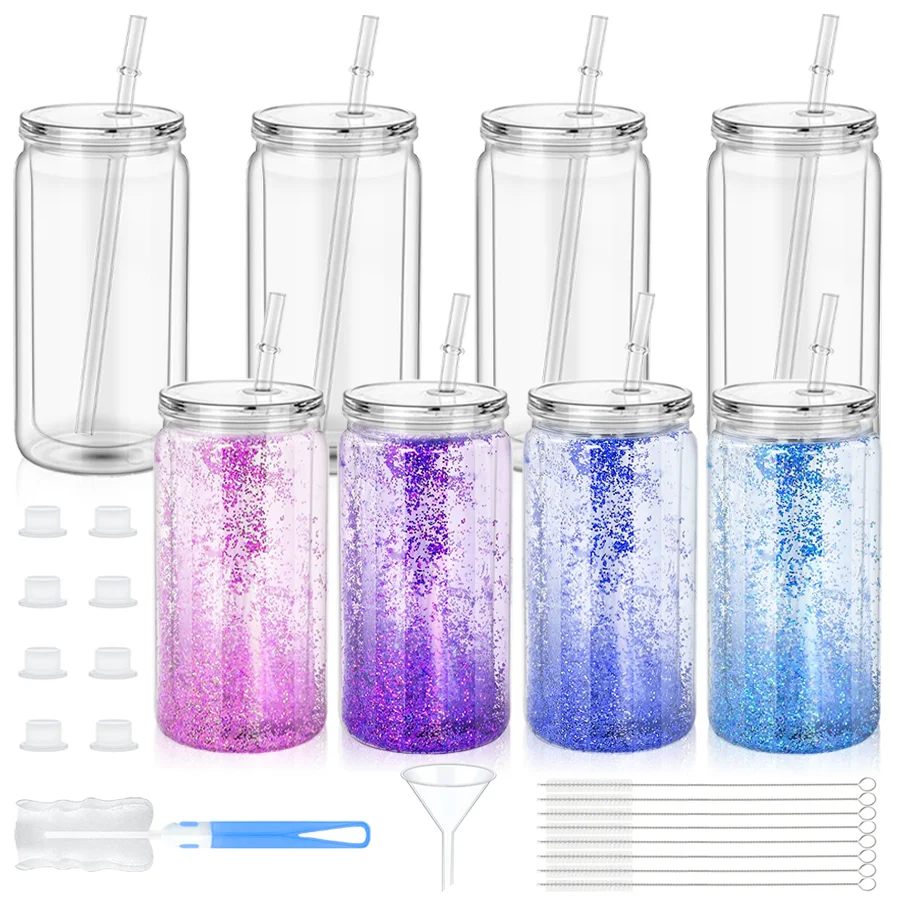 

8pcs 16oz Double-Wall Clear water bottles with Lids, Straws, Funnels & Cleaning Brushes. Easy to clean, perfect for office, fitn