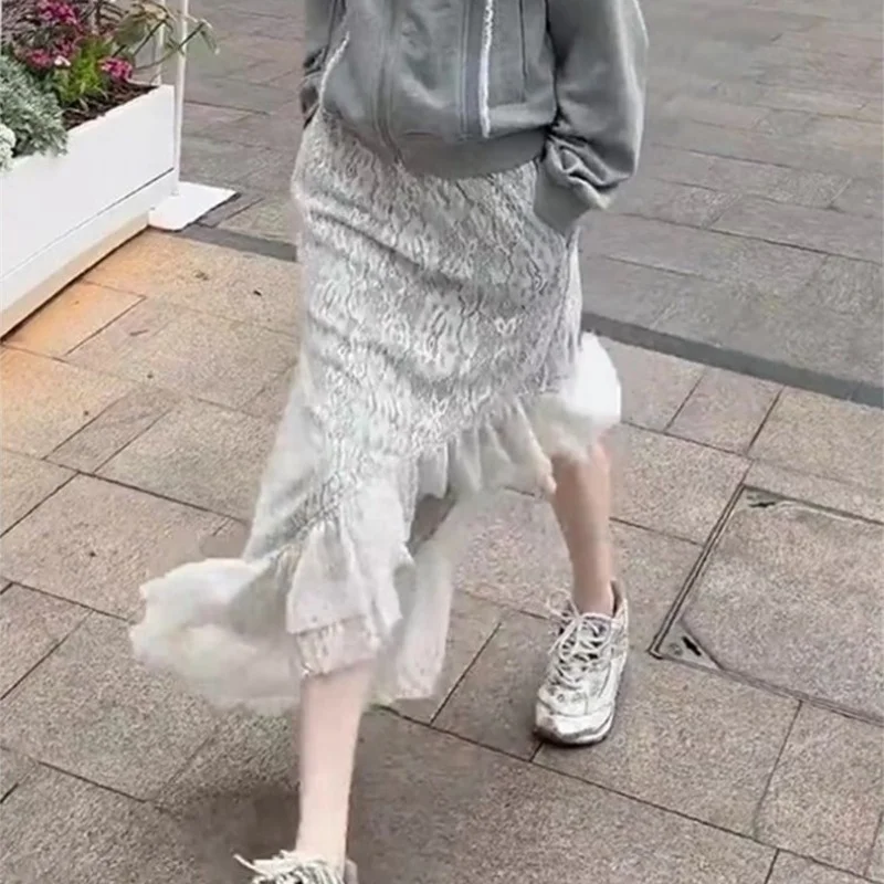 

Новая модная французская юбка нестандартной формы, женская кружевная юбка с тонкой талией и оборками, длинные юбки русалки, женские карманы, летние праздники Jupe