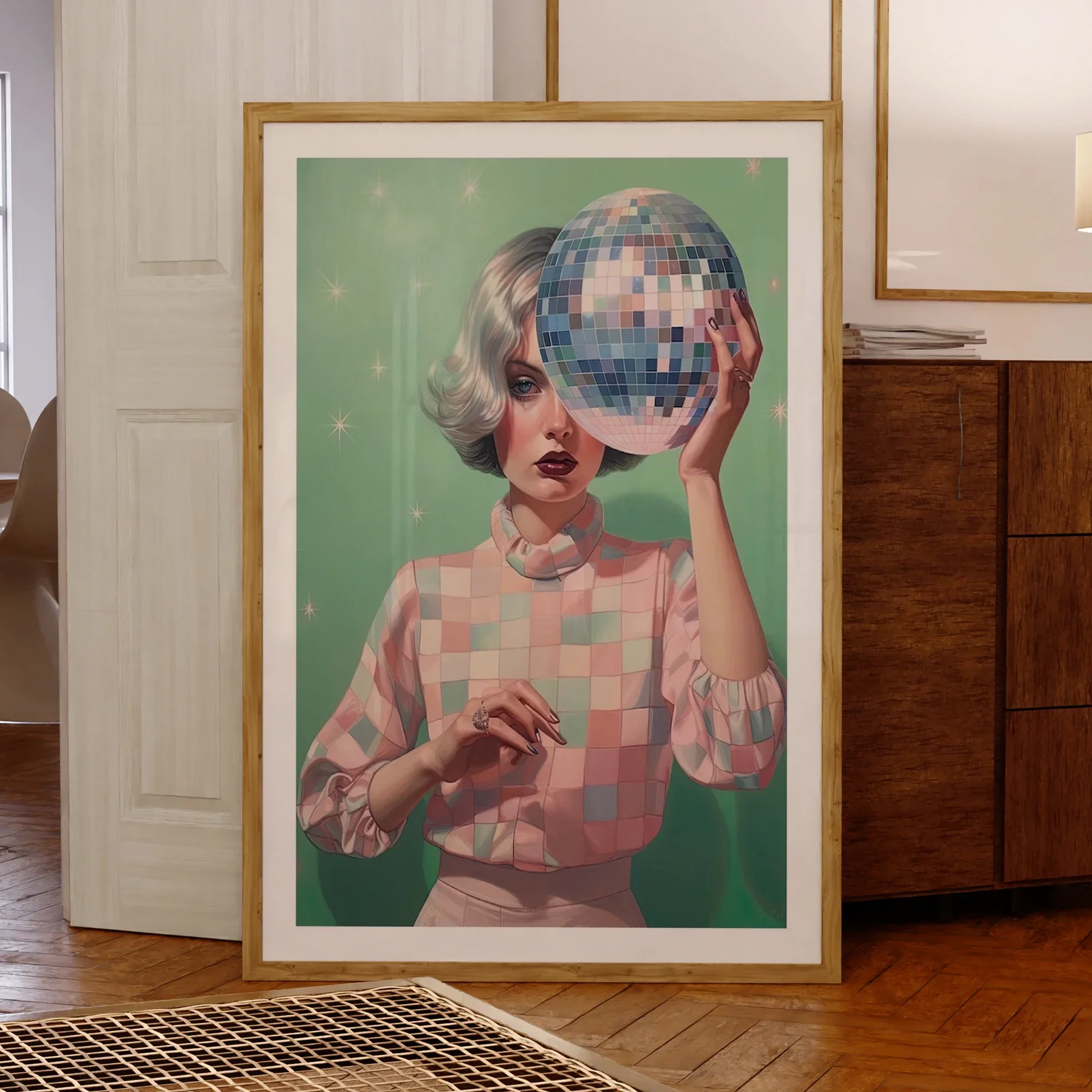 Woman With White Hair Holding A Disco Ball Wall Art Prints Canvas Painting Poster Picture For Living Dining Room Home Decor