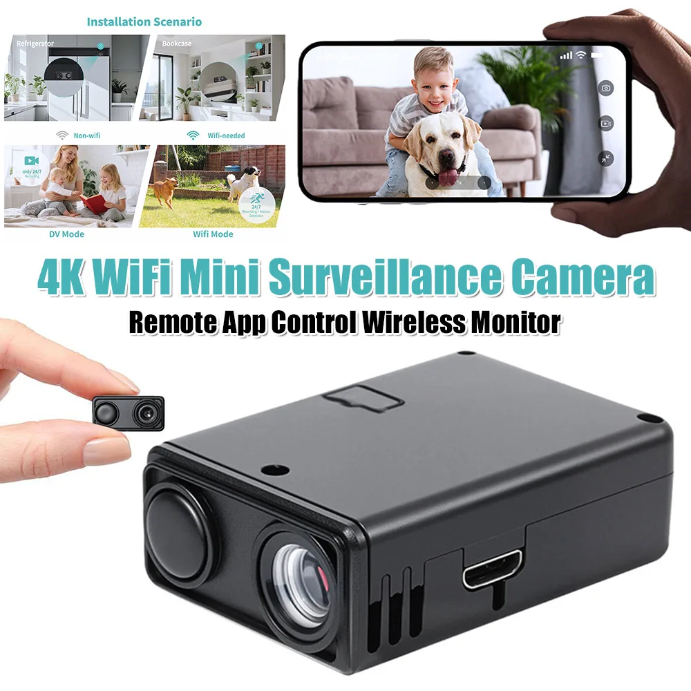 4K WiFi Small Monitor Video Camera with Motion Detection Detecting Camcorders Remote App Control for Indoor Surveillance