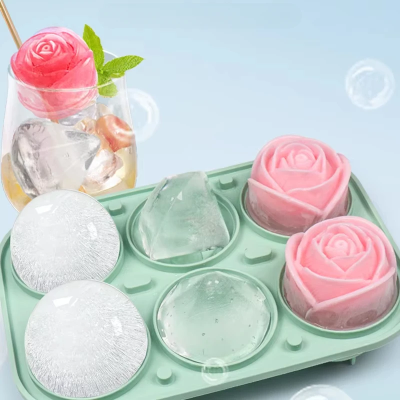 6 Grid Rose Shape Food Grade Silicone Ice Tray with Snap Lid Leak Proof for Whiskey Bourbon Assorted Colors Freezer Mold