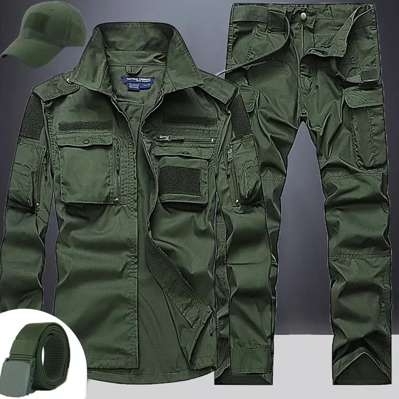 Summer Tactical Sets Mens Outdoor Breathable Multiple Pockets Combat Training  Long Sleeve Shirts Cargo Pants Suits Male