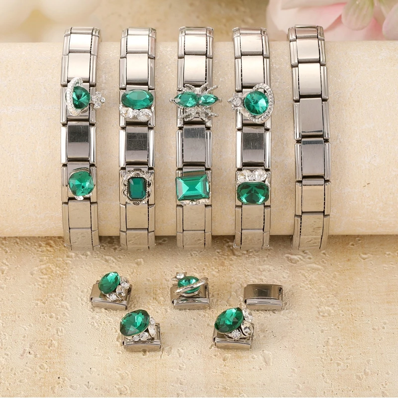 Y2K Bright Zircon Gems Emerald Italian Charm Links Fit 9mm Stainless Steel Bracelet Women Men DIY Making Gift Wholesale