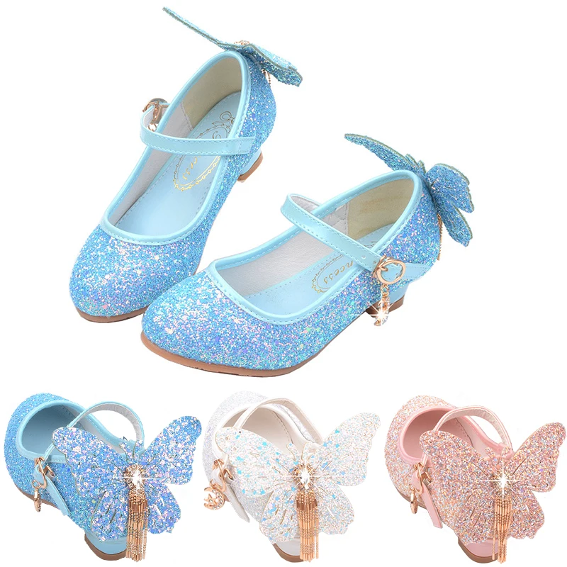 

Fancy Girl Butterfly Shiny Elsa Princess Shoes Elegant Children's Masquerade Birthday Party Snow Queen High Heel Crystal Sandals