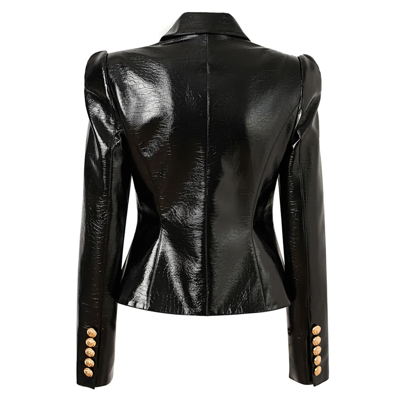 2023FW new women\'s black pu leather shiny shrug slim small suit high quality y2k Korean style button decorated temperamentJacket