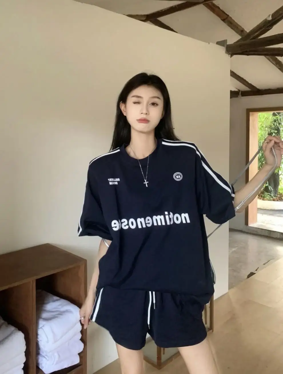 

Lady Sets American Clashing Stripes Loose Short-sleeved T-shirt High-waisted Thin Shorts Two-piece Summer Leisure Sports Suit