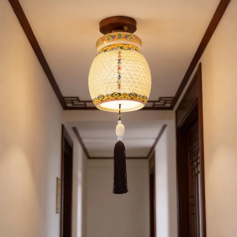 New Chinese Style Copper Ceiling Light Ceramic Lampshade Living Room Bedroom Dining Hall Study Hotel Atmosphere Decoration Lamps