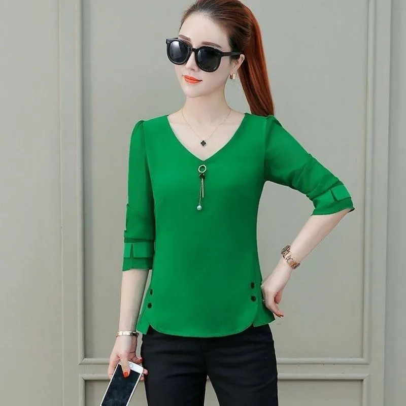 Women Spring Autumn Style Chiffon Blouses Shirts Lady Casual Long Sleeve V-Neck Blusas Tops DF1963