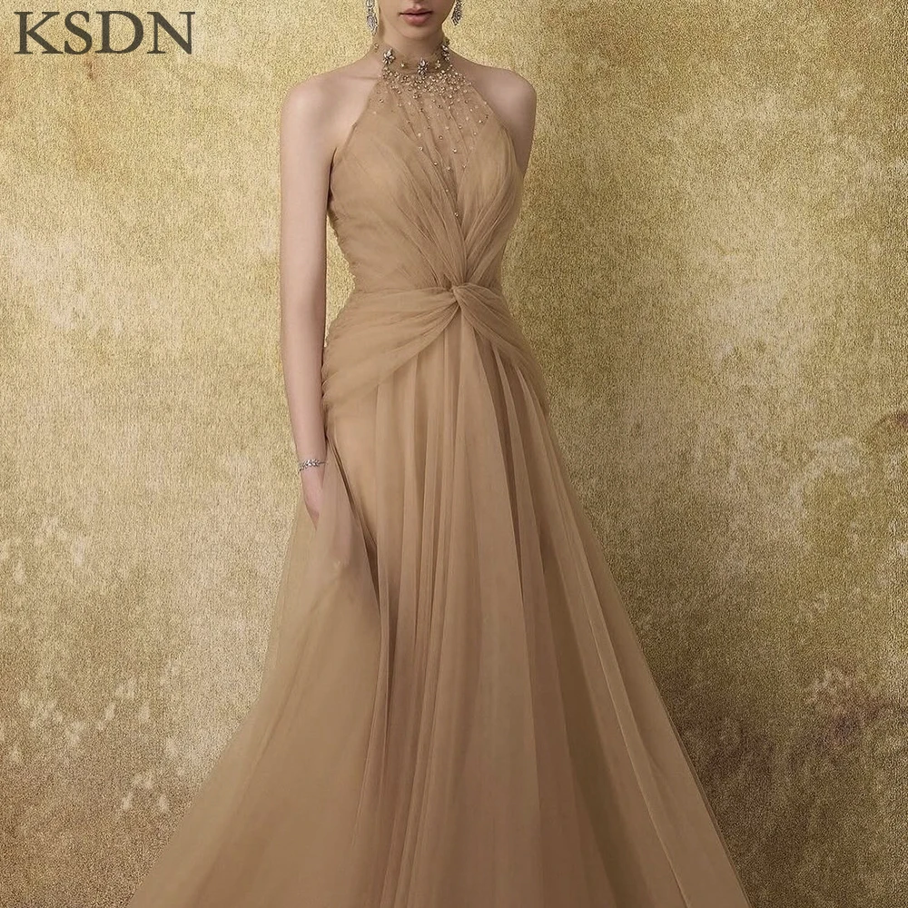 

Formal Crystal Tulle Evening Dresses Elegant Women Halter Sleeveless Pleat Floor Length Dresses Special Event Customzied Gowns