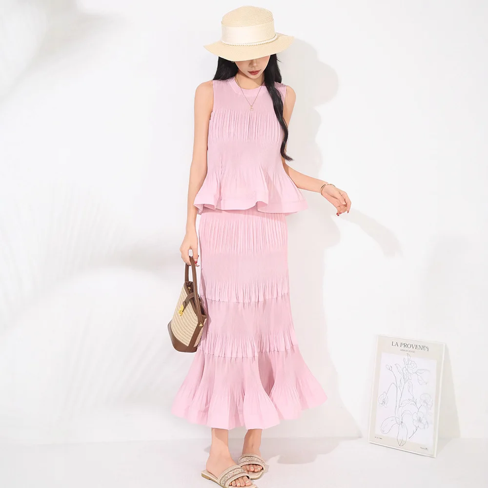 

Miyake Suit for Women's Summer Two-piece Set Hot Sale New Design Toothpick Pleated Sleeveless Vest Top High Waist Skirt Suit