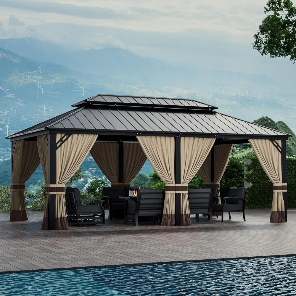 

12x20ft Hardtop Gazebo Double Roof, Outdoor Pavilion with 2-Layer Hard Top Galvanized Iron Frame Garden Tent, Suitable