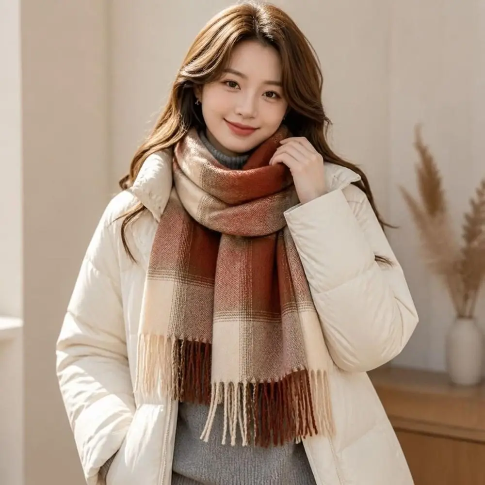 Durable Preppy Style Women's Winter Scarf Soft Long Preppy Plaid Scarf Cozy Tassel Fringe Checkered Shawl Gift Friends