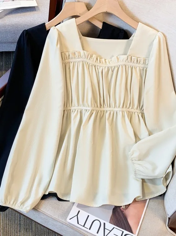 

Loose Pleated Long Sleeve Shirt Women's plus Size Spring New Design Sensation Cover Belly Top Korean Style Commute Fashion