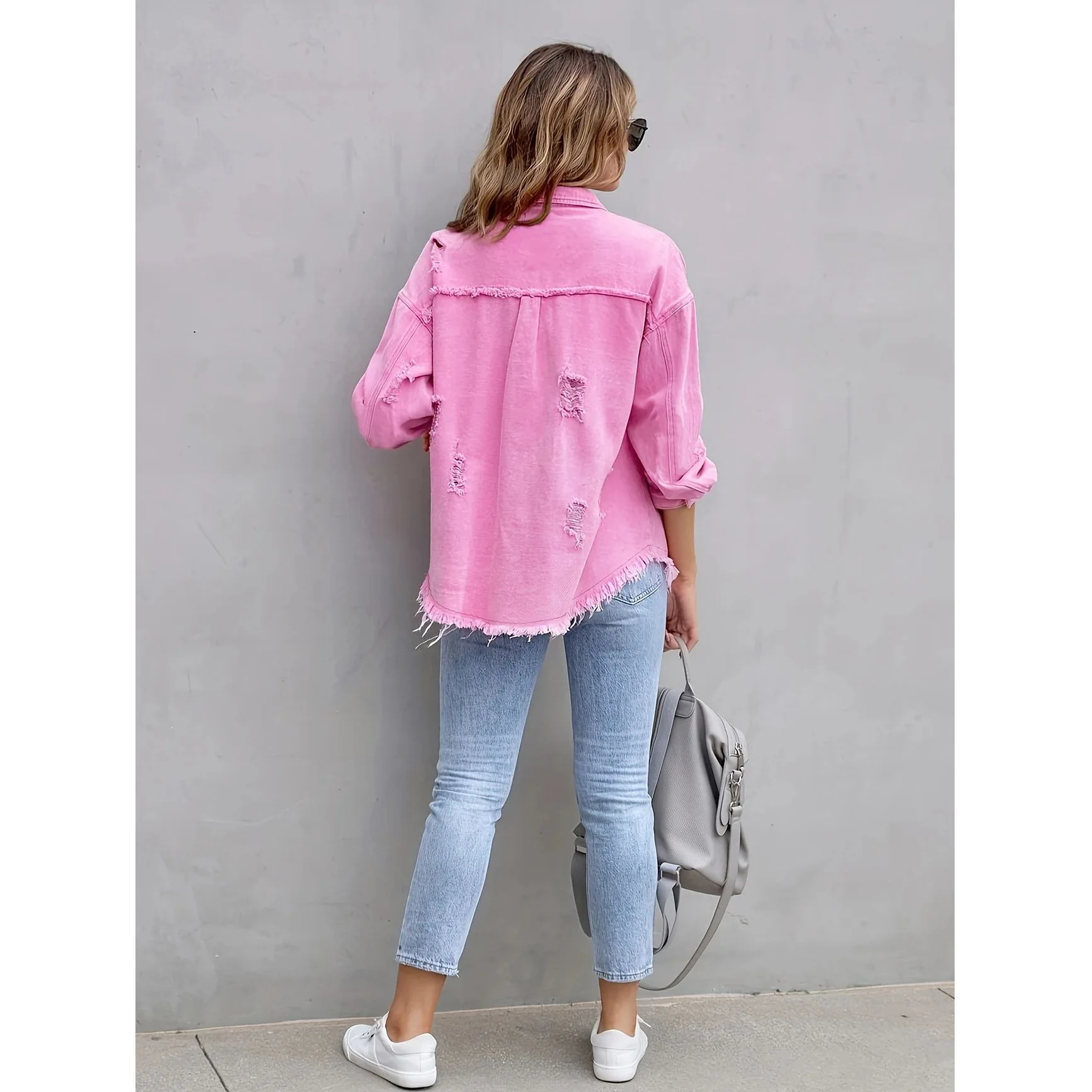 Spring Autumn Shirt Style Denim Jacket Women Holes Raw-edges Jeancoat Casual Tops Female Oversize Loose Ladies Outerwear