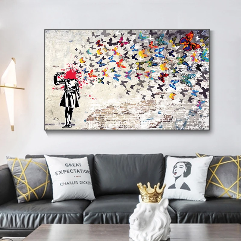 Banksy Art Girl with Butterfly Graffiti Canvas Painting Street Art Poster and Prints Wall Pictures for Living Room Home Decor