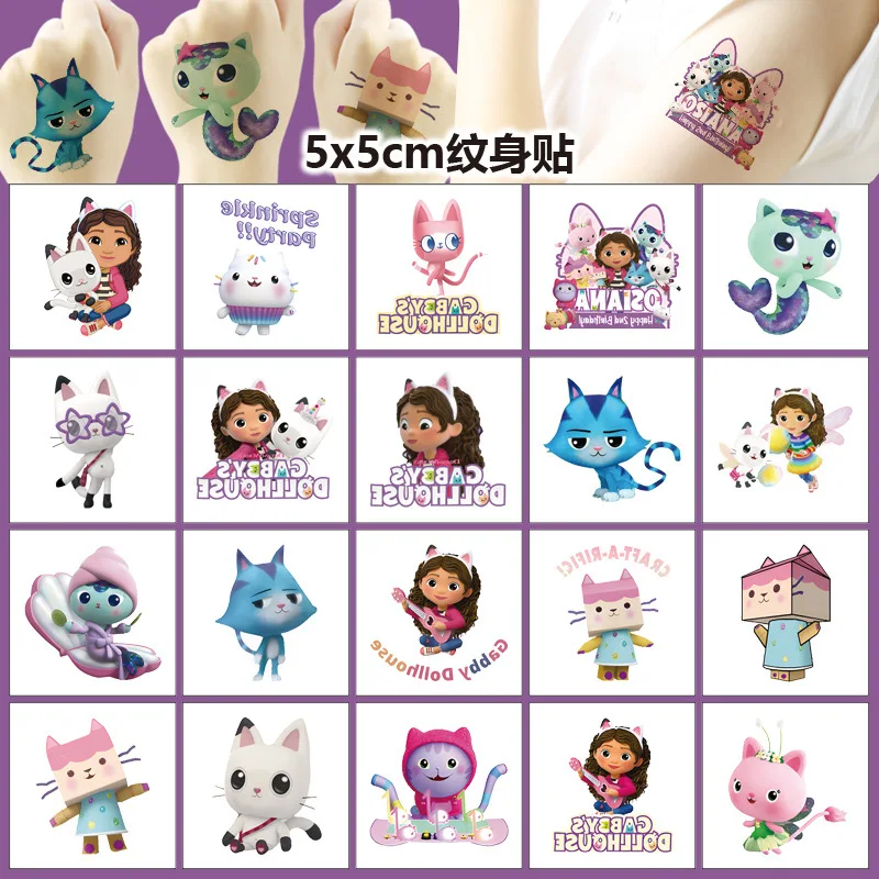 Cartoon 20PCS Nette Gabby Puppenhaus Katzen Tattoo Aufkleber Kawaii Anime Kinder Wasserdichte Tattoos Aufkleber Pack Kinder Mädchen Geschenk Spielzeug