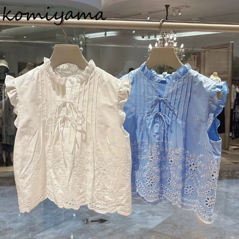 

Japanese Bow Fungus Woman 2025 Shirts & Blouses Embroidery Hollow Out Blusas Mujer Summer New Sweet Ropa Clothing Camisas
