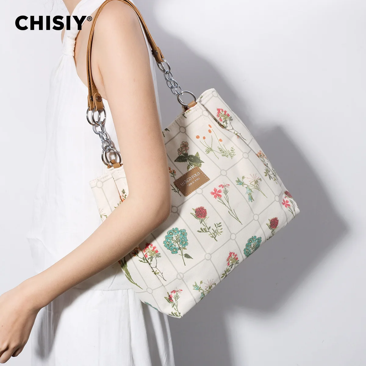 CHISIY Original handmade floral print large capacity commuting tote bag, simple and elegant Valentine\'s Day gift shoulder bag