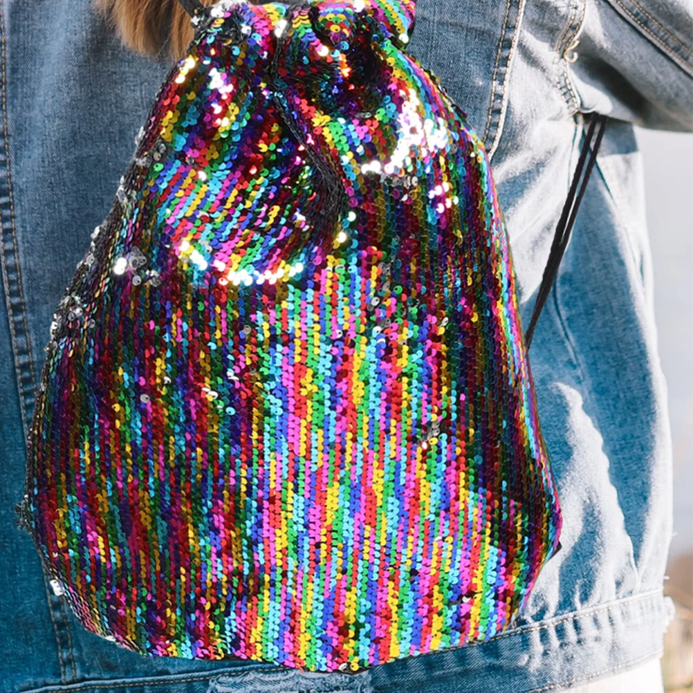 

2Pcs Mermaid Sequin Drawstring Backpack Glitter Bag for Gym Outdoor Reversible Tote Bag for Women