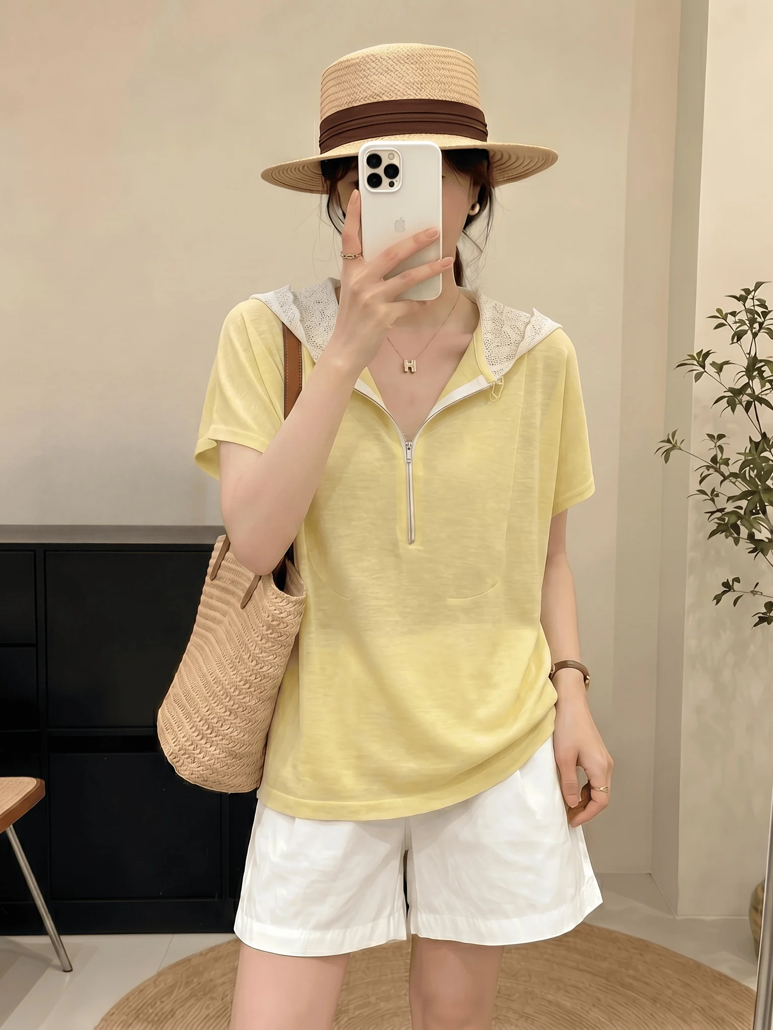 Lace Hooded Striped Short Sleeve T-Shirt Women's plus Size Summer New Style Half Zipper Slimming Top Korean Style Commute Wind