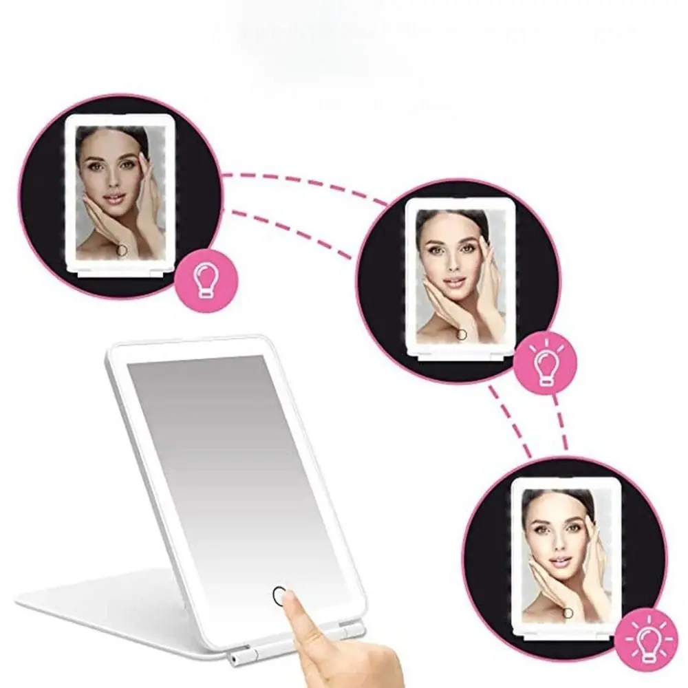 Dimmable Travel Makeup Mirror, Foldable Vanity Mirror, Touch Screen, 3 Cores Modos de Iluminação, 49 Luzes LED, Moda