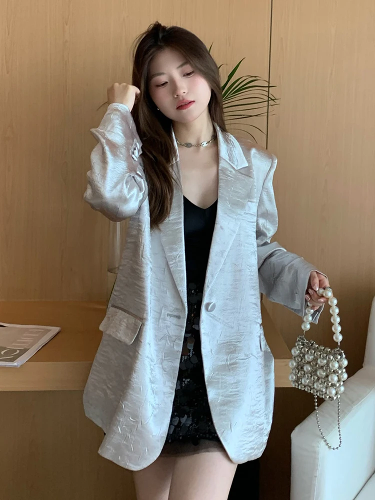 2024 Spring Autumn Silver Grey Satin Luxury Blazer Women\'s Textured Jacket High Quality Acetate Coat korean popular clothes y2k