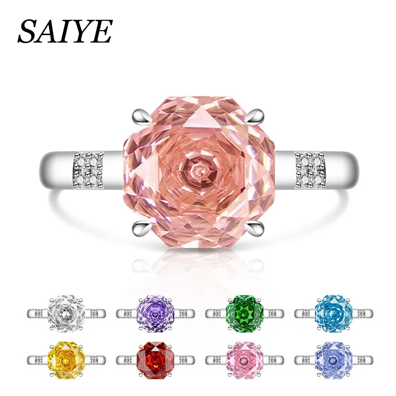 

925 Sterling Silver 4 Claw Rose Cut Octagon Stone Ring, Double Side Pave Zircon Ladies Stackable Party Jewelry Gift