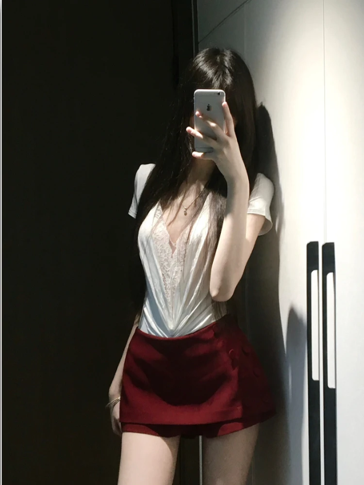 Jannie Lace Splice oulder T-irt Versatile Slimming V-Ne-Piece Summer Thin Low Waist orts Linen Blend Ladies Suit