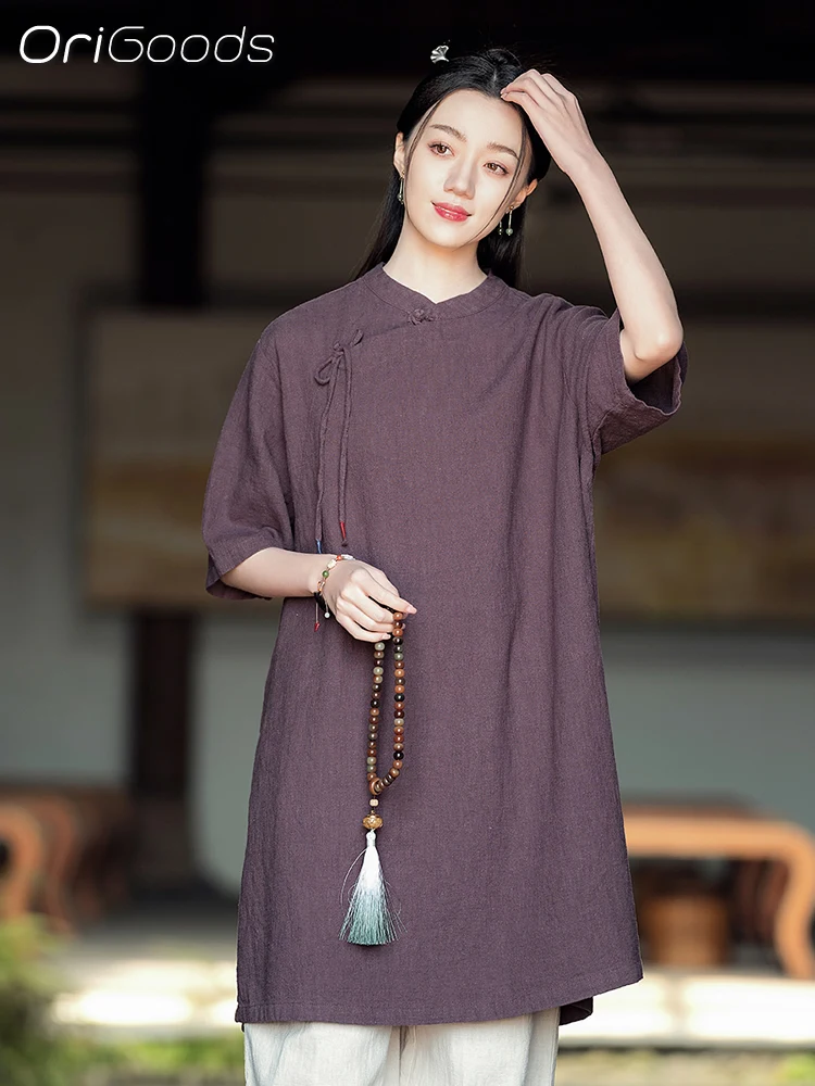 OriGoods Chinese style Short Sleeve Summer Long Shirt Women Ramie Cotton Vintage Zen style Long Blouse Tops 2024 New Shirts C043