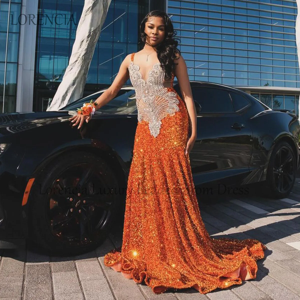 

Sparkly Orange Diamonds Prom Dress Black Girl Crystals Beads Mermaid Evening Party Gown Sleeveless Formal vestidos de gala