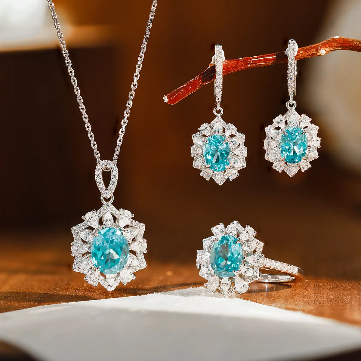 LinkerLove Oval Cut Paraiba Earrings Necklace Cocktail Ring 925 Silver October Birthstone Gemstone Jewelry Set for Women Gift - view 5