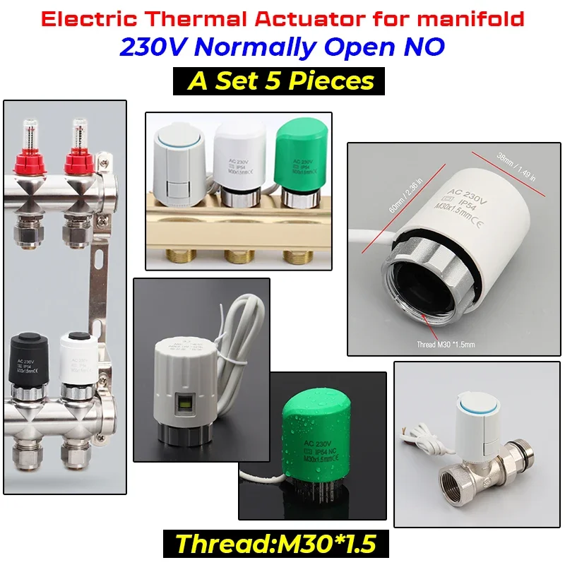 5 Pieces 230V Normally Open NO M30*1.5mm Electric Thermal Actuator for Underfloor Heating Manifold