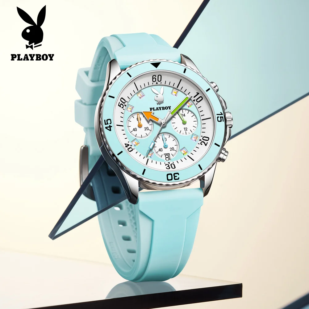 PLAYBOY 3081 Fashion Brand Art Trendy Quartz Movement Watch For Men 24 Hour Dial Calendar Window Luminous Function Silicone Strap Waterproof Men Watch