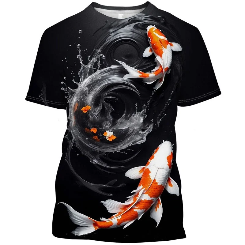 Koi Goldfish Pattern T-Shirt For Men Fun Fish 3D Printed Short Sleeve Tees Fashion Unisex Street Round Neck T Shirts Kids Tops