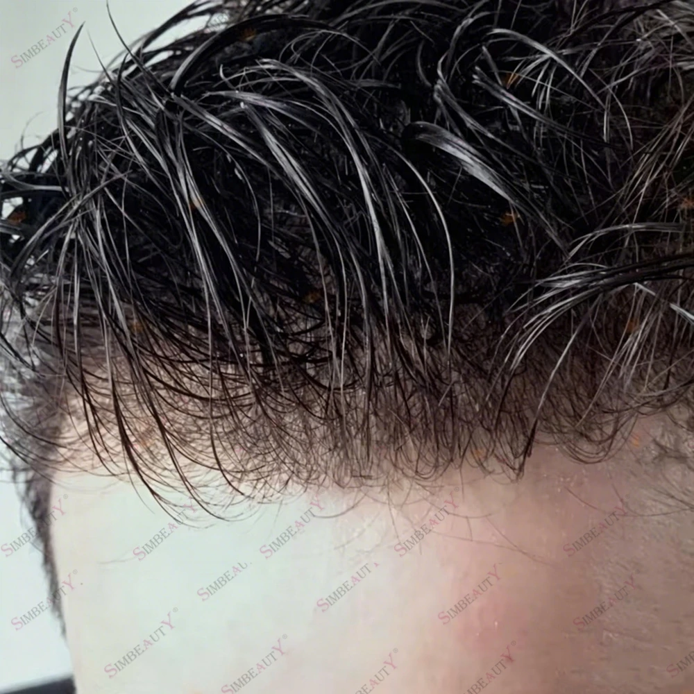Super Natural 80%-90%Density Men's Human Hair Toupee Undetectable 0.02mm Poly Skin Vloop Realistic Hair Replacement Prosthesis