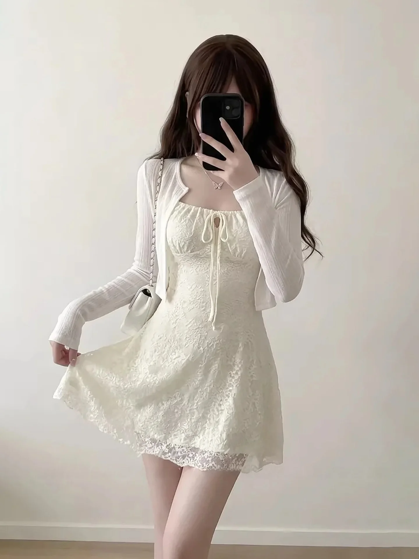 Romantic Atmosphere Vacation Style Monokini Texture Women's Dress with Built-In Strap Polyester High Waist Long Sleeve