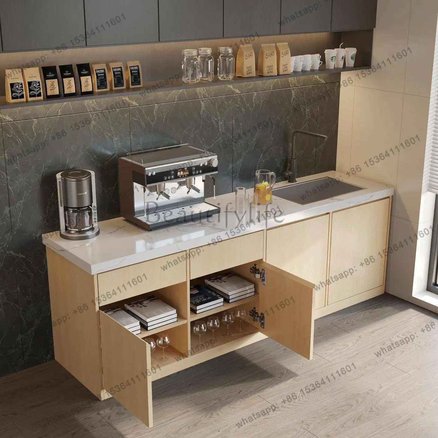 Integrated cabinet with sink Commercial milk tea shop Balcony Marble cutting and washing table