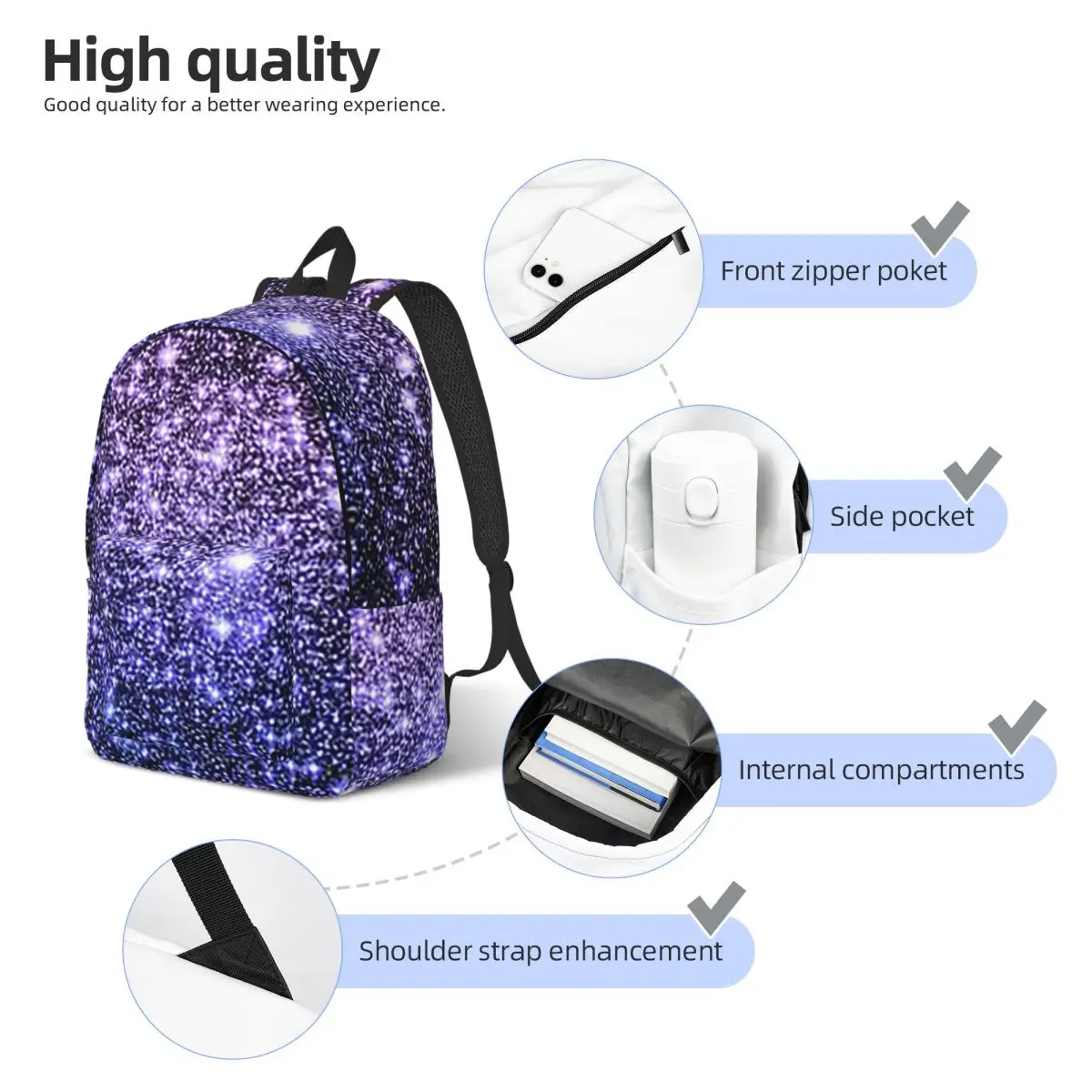 Galaxy Sparkle Stars Lavender Periwinkle Blue Ombre Student Backpack School Bag Hiking Travel Daypack Shoulder Bags