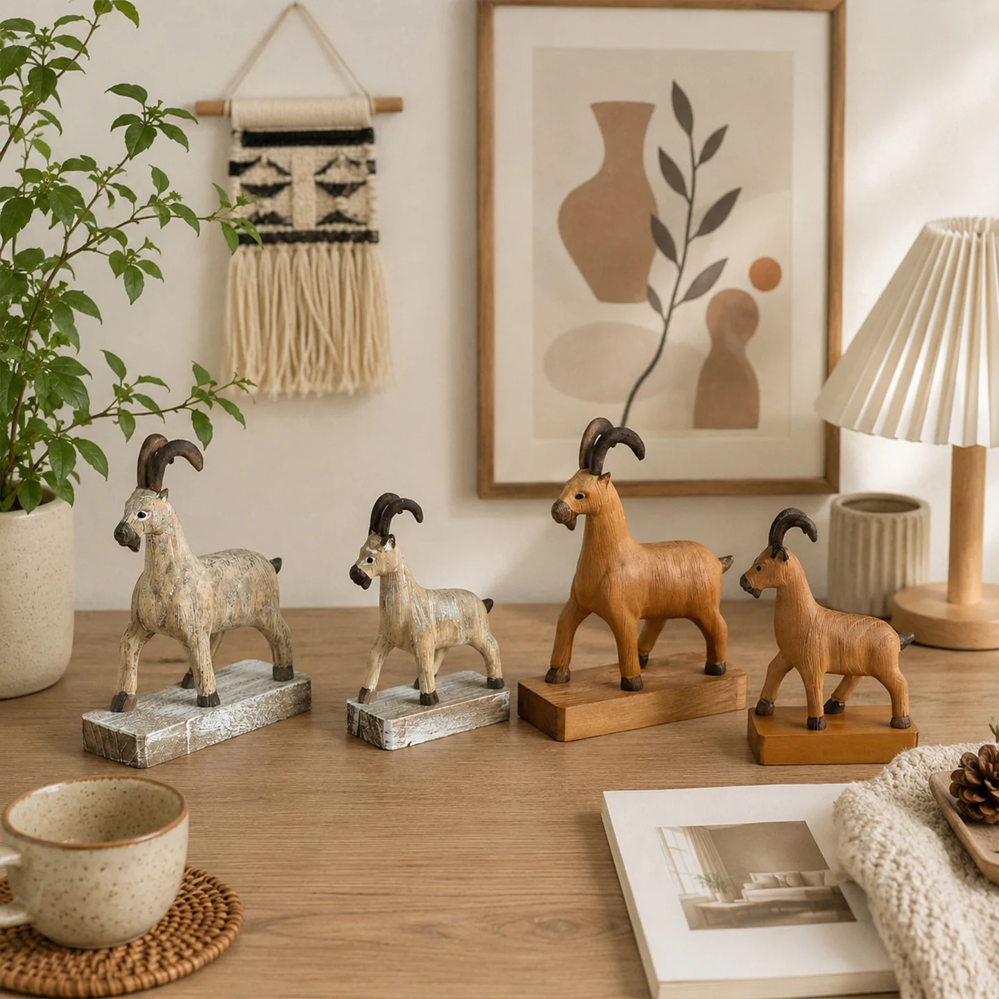 

Rustic Hand Carved Wooden Goat Figurine, Nordic Style Vintage Antelope Statue for Home Desk Aesthetic Decor Ornament