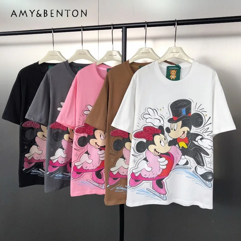 

Новая модная брендовая модная футболка с мультяшным принтом из бисера, свободные повседневные футболки из чистого хлопка с круглым вырезом и короткими рукавами, футболки Kawaii Y2k